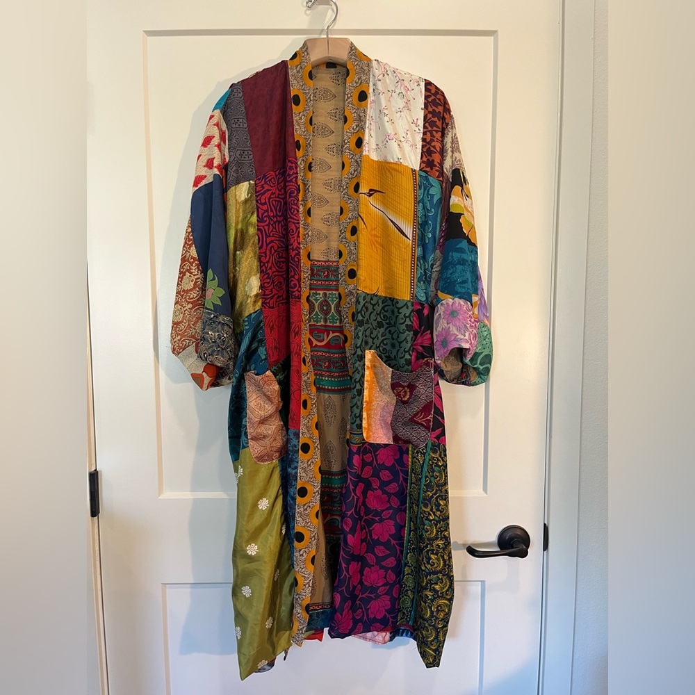 Silk Blended Quilted Patchwork Duster Colorful Bohemian Hippie Kimono Sz OS